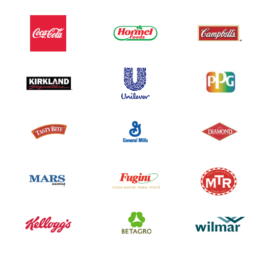 海外納入先 1: Coca-Cola, Hormel Foods, Campbells, KIRKLAND, Unilever, PPG, TastyBite, General Mills, Diamond, MARS, Fugini, MTR, Kellogg's, BETAGRO, Wilmar