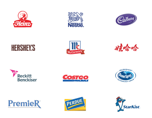 海外納入先 2: Heinz, Nestlé, Cadbury, HERSHEY'S, McCormick, 娃哈哈, Reckitt Benckiser, COSTCO, Ocean Spray, Premier, PERDUE, StarKist