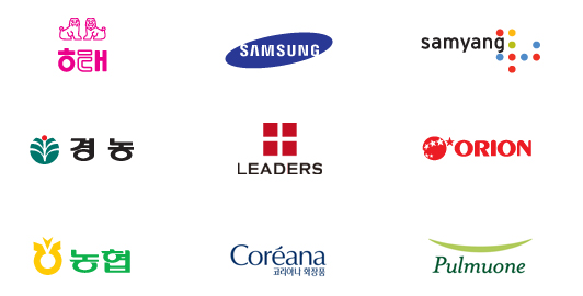国内（韓国）納入先 2: ヘテ, SAMSUNG, samyang, 慶農, LEADERS, ORION, 農協, Coréana, Pulmuone